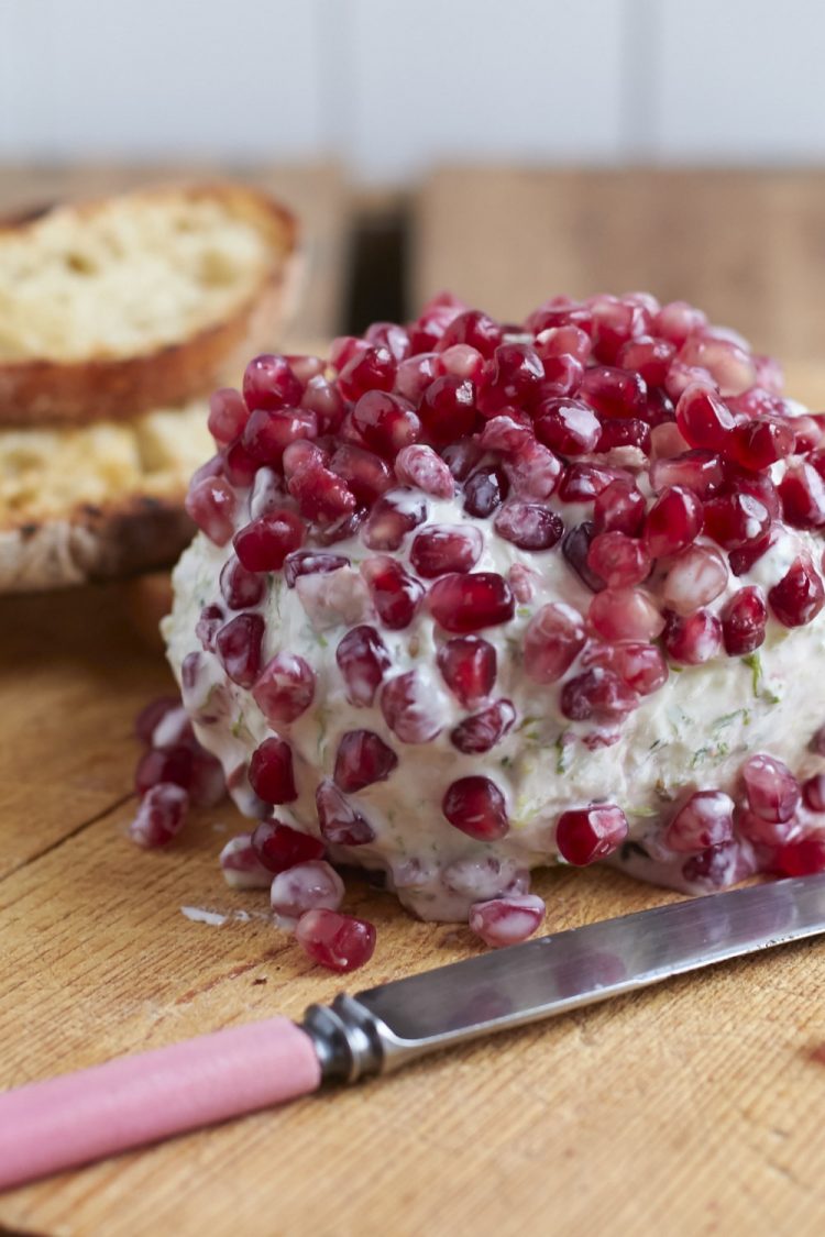 Frischkäse-Ball mit Granatapfel - ideal als cremiger Brotbelag auf Ciabatta