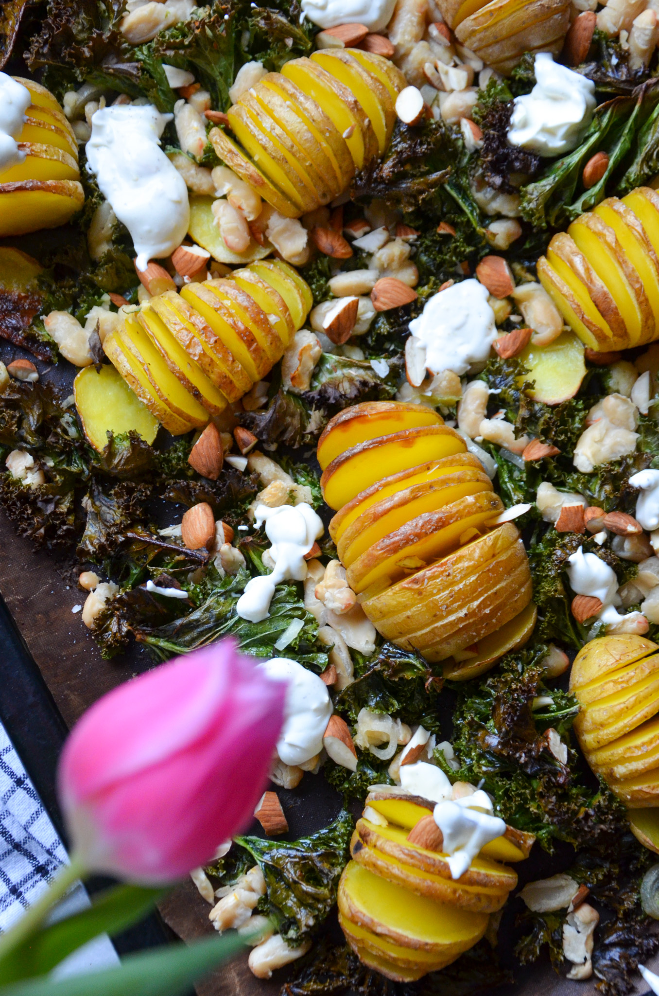 Gr&uuml;nkohl muss nicht immer rustikal und schwer sein! Dieses Blech voll mit Gr&uuml;nkohl, Kartoffeln und frischem Zitronenrahm &uuml;berzeugt mit seiner Leichtigkeit ...