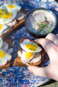 Es gibt Schnittchen Schneewittchen: Radieschen-Ei mit einer w&uuml;rzigen Dill-Senf-Vinaigrette – ein frischer, k&ouml;stlicher Snack f&uuml;r Ostern und jede Gelegenheit!